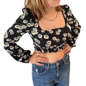 Zara Crop Top Long Sleeve Blouse Daisy Size M Black White